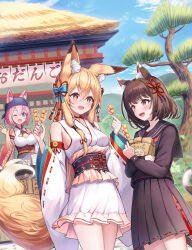 Rule 34 | 3girls, :d, animal ear fluff, animal ears, bare shoulders, black sailor collar, black serafuku, black shirt, black skirt, blonde hair, blue sky, breasts, brown eyes, brown hair, building, cleavage, cleavage cutout, clothing cutout, cloud, commentary request, day, detached sleeves, ears through headwear, food, fox ears, fox girl, fox tail, frills, hair between eyes, headscarf, highres, holding, holding food, hugging object, japanese clothes, kimono, large breasts, long hair, long sleeves, medium breasts, multiple girls, obi, open mouth, original, outdoors, pink hair, pleated skirt, ribbon-trimmed sleeves, ribbon trim, sailor collar, sakura ani, sash, school uniform, serafuku, shirt, skirt, sky, sleeveless, sleeveless kimono, smile, tail, translation request, tree, white kimono, white sleeves, wide sleeves