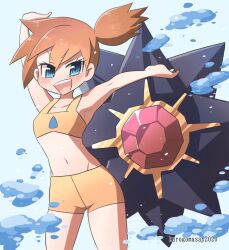 1girl armpits asymmetrical_hair bikini blue_eyes blush creatures_(company) game_freak gen_1_pokemon hair_tie kurogomasan legs looking_at_another misty_(pokemon) navel nintendo pokemon pokemon_rgby ponytail short_ponytail side_ponytail simple_background smile solo starmie swimsuit thighs water yellow_bikini