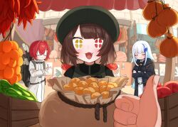 +_+ 3znk 4girls :3 ange_katrina backpack bag belt black_bow black_bowtie black_coat black_shirt blue_hair blunt_bangs blush bow bowtie brown_bag brown_belt brown_hair butcher_shop_(place) closed_eyes closed_mouth coat colored_inner_hair crossed_arms day dress excited fang fisheye food green_dress green_hat grey_bag grey_coat grocery_store hair_between_eyes hair_intakes hair_ornament hanging_food hashtag-only_commentary hat heterochromia highres holding holding_sack inui_toko linked_sausages lize_helesta long_hair long_sidelocks long_sleeves looking_at_viewer low_twintails market market_stall meat multicolored_hair multiple_girls nijisanji official_alternate_costume open_mouth out_of_frame outdoors page_of_lambda potato pov pov_across_table red_eyes red_hair red_scrunchie sack sanbaka_(nijisanji) scrunchie shirt shopping short_hair sidelocks smile streaked_hair thumbs_up triangle_hair_ornament twintails two-tone_hair vegetable very_long_hair virtual_youtuber white_dress white_hair wide-eyed wooden_box yellow_eyes