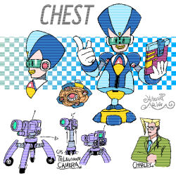 2boys aqua_background aqua_necktie ariga_hitoshi armor arrow_(symbol) artist_name blonde_hair blue_armor blue_background blue_helmet bodysuit camera character_name reference_sheet charley_(mega_man_megamix) checkered_background chest_(mega_man) collared_shirt commentary_request concept_art earpiece from_behind from_side full_body glasses gradient_background green_jacket grey_bodysuit hand_on_own_stomach hand_up head-mounted_display helmet highres holding holding_tablet_pc humanoid_robot index_finger_raised jacket lapels long_hair looking_ahead looking_at_viewer male_focus mega_man:_battle_&amp;_chase mega_man_(classic) mega_man_(series) mega_man_megamix multiple_boys multiple_views necktie notched_lapels portrait radio_antenna rimless_eyewear robot robot_ears scanlines shirt signature simple_background smile soles standing suit_jacket tablet_pc teeth three_quarter_view upper_body wheel white_background white_shirt