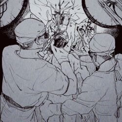 1girl 1other 2boys bandaged_head bandages blood flat_chest gloves latex latex_gloves mask mouth_mask multiple_boys nude operating_table original oxygen_mask red_hod rubber_gloves surgeon surgery surgical_mask surgical_scissors table