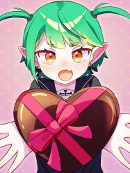 1girl :d absurdres black_sailor_collar blush commentary_request ear_piercing fang gradient_eyes green_hair heart highres multicolored_eyes multicolored_hair open_mouth orange_eyes original piercing pink_background pointy_ears sailor_collar smile solo streaked_hair tawashi_(hoisassa) two-tone_hair two_side_up valentine