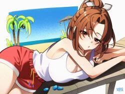1girl artist_name bare_shoulders breasts brown_eyes brown_hair capcom cleavage collarbone fatal_fury female_focus high_ponytail highres large_breasts looking_at_viewer lying matching_hair/eyes official_alternate_costume on_side ponytail red_shorts shiranui_mai short_shorts shorts snk solo street_fighter street_fighter_6 tank_top vocabona white_tank_top