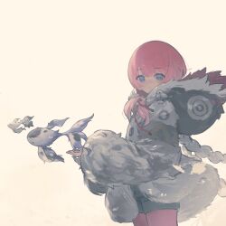 1girl absurdres animal animal_on_shoulder animalization bird bird_on_shoulder blue_eyes bright_pupils closed_mouth coat commentary_request cowboy_shot film_grain fish flying_fish from_side ghostlibe hand_up highres hood hood_down hooded_coat hypnos_(cevio) kaf_(kamitsubaki_studio) kafu_(cevio) kamitsubaki_studio laplace_(kamitsubaki_studio) long_hair long_sleeves looking_at_viewer looking_to_the_side low_twintails multicolored_eyes pink_hair puffy_long_sleeves puffy_sleeves red_eyes short_shorts shorts signature solo twintails virtual_youtuber winter_clothes winter_coat yellow_pupils
