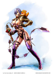 00s 2008 armor breasts crossover earrings fozzie_bear garang76 hair_over_one_eye isabella_valentine jewelry legs lipstick makeup nipples purple_hair short_hair soul_calibur soulcalibur_iv surprised thighs wardrobe_malfunction what whip_sword