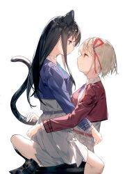 2girls absurdres animal_ears belt black_footwear black_hair black_socks blonde_hair blue_belt blue_dress bob_cut breasts cat_ears cat_girl cat_tail chinese_commentary closed_mouth commentary_request dkl_(dinosaurkl2) dress eye_contact grey_dress hair_ribbon highres inoue_takina kemonomimi_mode kneehighs loafers long_hair long_sleeves looking_at_another lycoris_recoil lycoris_uniform medium_breasts multiple_girls neck_ribbon nishikigi_chisato one_side_up pleated_dress purple_eyes red_belt red_dress red_eyes red_ribbon ribbon shirt shoes short_hair sidelocks simple_background sitting sitting_on_lap sitting_on_person smile socks tail touching_tail two-tone_dress white_background white_shirt yuri