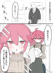 1boy 1girl ahoge apron black_apron blush business_suit chachacha_(champon_ken) cleaning drill_hair drying formal_clothes highres housewife indoors kasane_teto looking_at_another necktie pink_eyes pink_hair plate suit sweater translation_request twin_drills utau