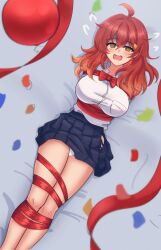 1girl @_@ absurdres ahoge arms_behind_back balloon bdsm blue_skirt blush bondage bound bow breasts clothes_lift collared_shirt confetti confused embarrassed female_focus gift hair_between_eyes highres large_breasts legs legs_together long_hair lying messy_hair multicolored_hair nervous nervous_smile nervous_sweating open_mouth orange_hair original panties pleated_skirt presenting red_hair red_ribbon restrained ribbon ribbon_bondage school_uniform shibari shibari_over_clothes shirt sidelocks skin_tight skindentation skirt skirt_lift smile solo sweat sweatdrop teeth thighs tongue torn_clothes torn_skirt two-tone_hair underwear white_panties white_shirt yami071
