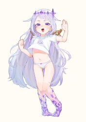 1girl absurdres aged_down bow bow_panties crystallization flat_chest full_body highres hololive hololive_english koseki_bijou loli long_hair looking_at_viewer mirumiruchan missing_tooth navel open_mouth panties purple_eyes purple_hair shadow shirt simple_background smile solo stomach striped_clothes striped_panties tiara underwear very_long_hair virtual_youtuber white_background white_shirt