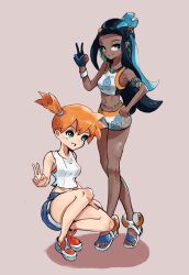 2girls absurdres alternate_hairstyle aqua_eyes aqua_hair armpits asymmetrical_hair bikini bikini_tan black_hair blonde_hair blood blue_eyes braid breasts cowboy_shot crop_top dark-skinned_female dark_skin denim denim_shorts earrings folded_ponytail forehead gen_1_pokemon gloves gym_leader hair_bun hair_ornament hairclip highres hoop_earrings jewelry knifesart legs looking_at_viewer medium_breasts midriff misty_(pokemon) multicolored_hair multiple_girls navel necklace nessa_(pokemon) nintendo orange_hair piercing poke_ball pokemon pokemon_lgpe pokemon_swsh ponytail short_hair shorts side_ponytail sideboob sidelocks single_glove single_side_bun smile solo_focus sports_bikini stomach streaked_hair sweat swimsuit tan tank_top tanline tentacool thick_thighs thighs toned trait_connection two-tone_hair v