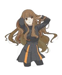 1girl black_skirt black_sweater brown_eyes brown_hair fate/grand_order fate_(series) hair_lift highres kinishinaide_uk kishinami_hakuno_(female) leggings long_hair long_sleeves orange_stripes simple_background skirt solo striped_clothes striped_leggings striped_skirt sweater turtleneck turtleneck_sweater vertical-striped_clothes vertical-striped_skirt white_background