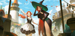 1boy 3girls 95_(jiuwujiang) afk_(series) afk_journey apron arm_up black_dress black_gloves blue_sky breasts building character_request cloud commentary_request day dress floating_hair gloves green_eyes hair_over_one_eye hair_ribbon hand_on_headwear hand_on_own_hip hat highres large_breasts long_hair medium_breasts multiple_girls outdoors parted_bangs partially_fingerless_gloves pennant pleated_dress puffy_short_sleeves puffy_sleeves red_hair ribbon shirt short_sleeves side_slit sky sleeveless sleeveless_dress string_of_flags tower very_long_hair vial waist_apron white_apron white_ribbon white_shirt witch_hat