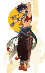 Rule 34 | 1boy, :&lt;, absurdres, animal ears, arm behind head, arm up, armlet, baggy pants, belt, bishounen, black pants, character name, crop top, ensemble stars!, full body, fur-trimmed pants, fur trim, hair between eyes, half-closed eyes, halftone, halftone background, highres, jangchajsam, jewelry, kemonomimi mode, looking at viewer, male focus, navel, official alternate costume, one eye closed, outline, outstretched arm, pants, pectoral cleavage, pectorals, sash, sazanami jun, solo, stomach, stretching, tail, toned, toned male, twitter username, walking, zoom layer