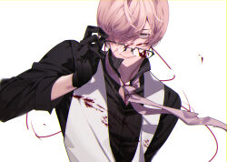 1boy adjusting_eyewear arm_up black_gloves black_shirt blood blood_on_clothes blood_on_eyewear blood_on_face blood_splatter closed_mouth collared_shirt floating_neckwear gloves grey_eyes hair_over_one_eye highres kikkou_sadamune long_sleeves looking_at_viewer male_focus necktie one_eye_covered parted_bangs pink_hair pink_necktie pinstripe_pattern pinstripe_shirt popped_collar shirt simple_background sleeve_cuffs smile solo torn_clothes torn_necktie touken_ranbu upper_body vest white_background white_vest yuuki_kira
