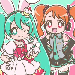 Rule 34 | absurdly long hair, animal ears, aqua background, aqua eyes, aqua hair, aqua necktie, bare shoulders, black skirt, black sleeves, black thighhighs, bow, bowtie, breast pocket, bright pupils, brooch, brown hair, buttons, cake, choker, clenched hand, closed mouth, collarbone, collared shirt, cosplay, costume switch, cure whip, detached sleeves, dress, earrings, extra ears, eyelashes, floppy ears, food, food-themed clothes, food-themed hair ornament, food print, frilled skirt, frilled sleeves, frills, fruit print, gloves, grey shirt, hair between eyes, hair ornament, hairband, hand on own hip, hands on own hips, happy, hatsune miku, headphones, headset, highres, jewelry, kirakira precure a la mode, lace, lace-trimmed shirt, lace trim, long hair, long sleeves, looking at viewer, magical girl, mayena, miniskirt, necktie, number tattoo, one eye closed, open mouth, outline, pink background, pink bag, pink vest, pleated skirt, pocket, pom pom (clothes), pom pom earrings, precure, puffy short sleeves, puffy sleeves, rabbit ears, rabbit girl, red bow, red bowtie, red choker, red eyes, red hairband, shirt, short dress, short sleeves, shoulder tattoo, signature, simple background, skirt, skirt under dress, sleeveless, sleeveless shirt, smile, square neckline, strawberry brooch, strawberry print, strawberry shortcake, tareme, tattoo, thighhighs, tie clip, twintails, two-tone background, two-tone bag, usami ichika, very long hair, vest, vocaloid, waist bag, waist bow, wavy hair, white dress, white gloves, white outline, white pupils, yellow bag, yellow skirt, zettai ryouiki