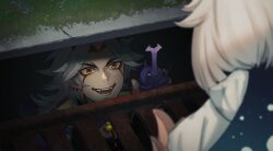 1boy 1girl :d arataki_itto beetle blue_cape blurry blurry_foreground bug cape colored_inner_hair commentary_request crop_top earrings facepaint facing_away fangs from_behind genshin_impact gradient_cape grate hand_up highres holding insect it_(stephen_king) jewelry long_hair long_sleeves looking_at_another medium_hair meme multicolored_hair onikabuto_(genshin_impact) open_mouth paimon_(genshin_impact) parted_bangs pennywise_in_the_sewer_(meme) red_eyes red_hair romper sewer_grate shizuku1473 sidelocks smile storm_drain teeth tongue v-shaped_eyebrows vision_(genshin_impact) white_hair white_romper