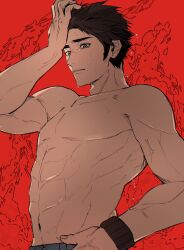 Rule 34 | 1boy, abs, adam&#039;s apple, arm up, black hair, blue pants, collarbone, commentary request, cowboy shot, denim, grey eyes, hand on own head, hand on own hip, highres, jeans, male focus, navel, nintendo, pants, parted lips, pectorals, pokemon, pokemon sm, red (pokemon), red background, short hair, sideburns, sinm i, solo, sweat, teeth, toned, toned male, topless male, veins, veiny arms, veiny hands, wristband
