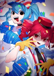 apron arm_up black_choker black_necktie blue_background blue_dress blue_hair bow buttons ch_ro49 choker cloud collared_shirt diagonal-striped_bow double-breasted double-parted_bangs dress drill_hair gloves green_background hair_between_eyes hand_up hat hat_bow hatsune_miku highres kasane_teto kepi long_hair mesmerizer_(vocaloid) military_hat necktie pants pinstripe_dress pinstripe_hat pinstripe_pattern red_bow red_eyes red_hat red_pants sailor_collar salute scared sharp_teeth shirt short_sleeves sleeves_rolled_up smiley_hat_ornament solid_circle_eyes striped_clothes striped_shirt suspenders sweat teeth tongue tongue_out twin_drills twintails two-finger_salute two-tone_bow utau visor_cap vocaloid waist_apron white_apron white_background white_bow white_sailor_collar wing_collar yellow_gloves