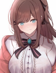 1girl :3 absurdres blush bow bowtie breasts brown_hair brown_ribbon cardigan center_frills closed_mouth collared_shirt frilled_shirt frills gem green_eyes green_gemstone hair_ornament hairclip highres large_breasts long_hair looking_at_viewer nijisanji pink_bow pink_bowtie pink_cardigan ponytail ri_shan ribbon shirt simple_background smile solo striped_bow striped_bowtie striped_clothes striped_ribbon suzuhara_lulu suzuhara_lulu_(1st_costume) swept_bangs virtual_youtuber white_background white_shirt