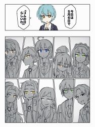 Rule 34 | 5boys, 6+girls, angela (project moon), ascot, binah (project moon), black eyes, blue eyes, blue hair, bow, bowtie, braid, brooch, brown eyes, chesed (project moon), crown braid, gebura (project moon), green eyes, grey eyes, hair bun, hair ornament, hairband, hairclip, heterochromia, highres, hod (project moon), hokma (project moon), jewelry, june blues, library of ruina, looking at viewer, malkuth (project moon), monocle, multiple boys, multiple girls, necktie, netzach (project moon), one eye closed, parted bangs, partially colored, ponytail, project moon, roland (project moon), simple background, tiphereth a (project moon), upper body, white background, white eyes, yellow eyes, yesod (project moon)