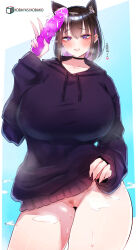 1girl absurdres animal_ear_fluff animal_ears artist_name black_hair black_hoodie blush bob_cut bottomless breasts cat_ears clothes_lift dildo earrings eyeshadow female_pubic_hair highres holding holding_sex_toy hood hoodie hoodie_lift jewelry kobayashi_kobako large_breasts lifting_own_clothes makeup medium_hair mole mole_under_eye multicolored_hair open_mouth original pink_eyeshadow pink_hair pubic_hair purple_eyes pussy pussy_juice sex_toy solo standing steaming_body sweat v