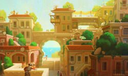 architecture balcony beach_umbrella bird blue_sky bridge building city cityscape day door highres house humanoid_robot ocean original outdoors pedestrian_bridge plant potted_plant railing road robot satellite_dish scenery sky stairs standing street sunlight tree umbrella vykim wide_shot window