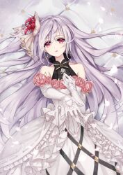 1girl artist_request dress flower gloves grey_hair hair_flower hair_ornament jane_(king&#039;s_raid) king&#039;s_raid long_hair lying red_eyes solo wedding_dress
