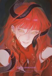 1girl bare_shoulders black_snake dress earrings gloves highres jewelry long_hair original oxi206 red_dress red_gloves red_hair ring sharp_teeth slit_pupils smile snake teeth yellow_eyes