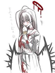 1girl black_wings blood blood_halo blood_on_clothes blue_archive food grey_hair grey_serafuku halo holding holding_food holding_ice_cream ice_cream komena_(shinyday312) liquid_halo long_hair low_wings partially_colored red_eyes school_uniform serafuku simple_background solo tongue tongue_out tsurugi_(blue_archive) white_background wings