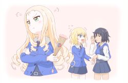 3girls andou_(girls_und_panzer) angry artist_request bc_freedom_(emblem) bc_freedom_school_uniform belt belt_buckle black_belt black_hair black_necktie black_skirt black_vest blonde_hair blue_cardigan blue_eyes blush brown_eyes buckle cardigan cardigan_on_shoulders collared_shirt curly_hair dark-skinned_female dark_skin diagonal-striped_clothes diagonal-striped_necktie dress_shirt emblem girls_und_panzer girls_und_panzer_saishuushou green_eyes hand_fan hand_on_own_face holding holding_fan jacket long_hair long_sleeves marie_(girls_und_panzer) miniskirt multiple_girls necktie open_mouth oshida_(girls_und_panzer) panicking pleated_skirt pout school_uniform shirt short_hair skirt steam striped_clothes tied_jacket trembling vest whispering white_shirt