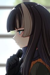 Rule 34 | 1girl, black gloves, blue eyes, blunt bangs, blurry, blurry background, closed mouth, frills, from side, gloves, high collar, highres, hololive, hololive dev is, juufuutei raden, kiriyama haruna, long hair, multicolored hair, profile, regloss (hololive), serious, solo, thinking, two-tone hair, virtual youtuber