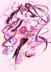 1girl absurdres aqua_eyes bad_feet barefoot belt breasts center_opening elbow_gloves female_focus gloves hatsune_miku hatsune_miku_(append) highres hoshino_kisora long_hair navel necktie purple_hair sakura_miku solo thighhighs twintails very_long_hair vocaloid vocaloid_append