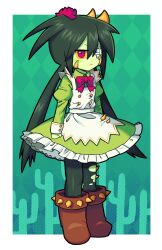 1girl apron boots bow bowtie cactus cactus_girl colored_sclera colored_skin commentary dress english_commentary full_body gauze gauze_over_eye green_background green_dress green_hair green_pantyhose green_skin highres juliet_sleeves long_hair long_sleeves looking_at_viewer low_twintails maid maid_apron monster_girl original pantyhose plant_girl puffy_sleeves red_bow red_bowtie red_eyes satanmanse solo standing twintails very_long_hair white_apron yellow_sclera