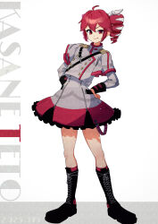 1girl ahoge ankle_socks belt black_belt black_boots black_skirt black_sleeve_cuffs boots bow buttons double-breasted drill_hair fin_gocco grey_jacket grey_skirt hair_between_eyes hair_bow hair_ribbon hands_on_own_hips highres jacket kasane_teto kasane_teto_(sv) lace-up_boots layered_skirt layered_sleeves long_sleeves looking_at_viewer red_eyes red_hair red_skirt red_socks red_trim ribbon shoulder_belt shoulder_boards simple_background skirt skirt_set smile socks solo synthesizer_v twin_drills utau white_background white_bow white_ribbon