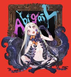 1girl abigail_williams_(fate) abigail_williams_(third_ascension)_(fate) bare_shoulders black_bow black_panties blush bow breasts candy character_name colored_skin corruption dark_persona fate/grand_order fate_(series) food forehead hair_bow highres keyhole lollipop long_hair looking_at_viewer navel open_mouth orange_bow ota_(ota-0000) panties parted_bangs picture_frame possessed possession red_eyes sharp_teeth sitting small_breasts solo teeth tentacles third_eye underwear white_hair white_skin yog-sothoth