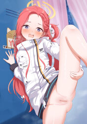 1girl @_@ absurdres aoto_mei blue_archive blue_eyes blush bottomless censored commentary_request forehead halo hand_on_own_thigh highres jacket leg_lift leg_up legs long_hair long_sleeves looking_at_viewer mosaic_censoring one_side_up open_mouth orange_halo partial_commentary pussy red_hair sandals slides solo sweat white_jacket wide-eyed yuzu_(blue_archive)