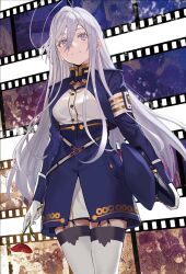 1girl 86_-eightysix- absurdres ahoge belt blue_eyes blue_headwear blue_jacket cover cover_page cowboy_shot film_strip flower garter_straps hat unworn_headwear high_collar highres holding holding_flower jacket long_hair military_hat military_jacket novel_cover o-ring o-ring_belt official_art peaked_cap poppy_(flower) second-party_source shirabi solo_focus thighhighs vladilena_millize white_belt white_hair white_thighhighs zettai_ryouiki