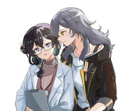2girls alternate_costume black_jacket brown_hair brown_sweater clipboard closed_mouth coat collarbone couple from_side green_eyes grey_hair hair_between_eyes hair_ornament hair_over_shoulder hair_up highres holding holding_clipboard honkai:_star_rail honkai_(series) jacket jewelry korean_commentary lab_coat leaning_to_the_side light_blush light_smile long_hair looking_at_object looking_down looking_to_the_side low-tied_long_hair multicolored_hair multiple_girls name_tag necklace off_shoulder open_clothes open_jacket open_mouth pearl_necklace ruan_mei_(honkai:_star_rail) seung-aeja shirt simple_background sleeves_rolled_up standing stelle_(honkai:_star_rail) sweater trailblazer_(honkai:_star_rail) wavy_hair white_background white_coat white_shirt yellow_eyes yuri