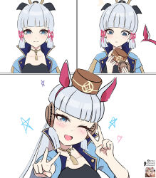 1girl absurdres animal_ears artom ayaka_(genshin_impact) blue_hair blunt_bangs bridle brown_hat cosplay ear_covers fake_animal_ears genshin_impact gold_ship_(umamusume) gold_ship_(umamusume)_(cosplay) gold_trim hat highres horse_ears long_hair looking_at_viewer pillbox_hat simple_background smile tassel umamusume white_background