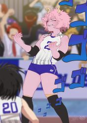 Rule 34 | 10s, 3girls, 6+boys, arm up, ashido mina, bakugou katsuki, bare arms, bare shoulders, beak, bird, black hair, black socks, blonde hair, blue eyes, blush, boku no hero academia, breasts, character request, cheering, closed eyes, colored skin, commentary request, elbow pads, gradient hair, hands up, happy, high ponytail, horns, jiro kyoka, jojo no kimyou na bouken, justin leyva (steamy tomato), kaminari denki, kirishima eijirou, knee pads, kneehighs, leaning back, messy hair, mineta minoru, multicolored hair, multiple boys, multiple girls, necktie, parody, parted lips, photo-referenced, pink hair, pink skin, platinum blonde hair, ponytail, purple hair, red hair, red skin, shirt, short hair, short shorts, shorts, signature, sleeveless, sleeveless shirt, smile, socks, sound effects, spiked hair, sportswear, standing, teeth, todoroki shouto, tokoyami fumikage, two-tone hair, volleyball uniform, white hair, white shirt, yaoyorozu momo, yoshimura shiho