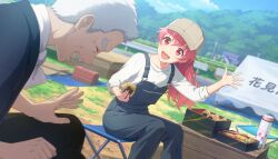 Rule 34 | 1boy, 1girl, :d, ^ ^, blue overalls, blue sky, bottle, brown hat, closed eyes, cloud, colorful palette, fang, food, game cg, hair between eyes, hat, highres, holding, holding food, lead to shine more (project sekai), looking at viewer, momoi airi, official art, old, old man, onigiri, open mouth, overalls, pink eyes, pink hair, profile, project sekai, shirt, sitting, sky, smile, solo focus, teeth, third-party source, tongue, upper teeth only, water bottle, white hair, white shirt
