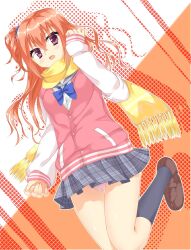 1girl :d black_socks blue_bow blue_bowtie blue_scrunchie blush bow bowtie brown_shoes cameltoe commentary_request crossed_bangs drop_shadow dutch_angle floating_hair foot_out_of_frame foot_up fringe_trim from_below fuyukichi_(nikoniko1567) gluteal_fold grey_sailor_collar grey_skirt hair_between_eyes hair_ornament hair_scrunchie hand_up happy highres inaba_meguru jacket kneehighs letterman_jacket loafers long_hair looking_at_viewer miniskirt one_side_up open_mouth orange_background orange_hair panties pink_jacket pink_panties plaid_clothes plaid_skirt pleated_skirt red_eyes sailor_collar sanoba_witch scarf school_uniform scrunchie serafuku shoes simple_background skirt sleeves_past_wrists smile socks solo standing standing_on_one_leg thigh_gap two-tone_background underwear white_background white_sleeves yellow_scarf