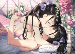 2girls bare_arms bare_shoulders black_hair blurry blurry_foreground blush bow breast_press breasts brown_eyes chemise closed_eyes depth_of_field flower hair_bow highres hug incest indoors kantoku kiss kiss_focus lace_trim large_breasts lingerie long_hair looking_at_another lying lying_on_person medium_breasts multiple_girls on_back on_bed on_stomach original pink_flower profile purple_bow siblings sideboob sisters sunlight symmetrical_docking twins twintails underwear underwear_only upper_body white_flower yuri