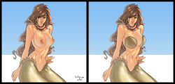 1girl breasts brown_hair circlet completely_nude female_focus fins fish_tail highres irving-zero jewelry large_breasts long_hair mermaid monster_girl navel necklace nipples nude original shell shell_bikini solo tail