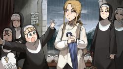 Rule 34 | 6+girls, backpack, bag, bird, blonde hair, blue eyes, blue umbrella, body writing, chicken, clumsy nun (diva), commentary, crying, diva (hyxpk), duck, english commentary, english text, freckles, froggy nun (diva), grey hair, highres, holding, holding umbrella, little nuns (diva), mole, mole on cheek, mole under mouth, multiple girls, note, nun, rain, red umbrella, sheep nun (diva), shirt, smug nun (diva), strict nun&#039;s mother (diva), strict nun (diva), tears, traditional nun, triangle mouth, umbrella, white shirt