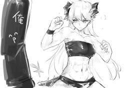 Rule 34 | 1girl, abs, arknights, bandeau, bare shoulders, breasts, chinese commentary, cleavage, clenched hands, closed mouth, collarbone, commentary request, cowboy shot, crop top, earrings, exercising, greyscale, horns, jewelry, long hair, medium breasts, midriff, monochrome, navel, nejikyuu, panties, punching bag, saria (arknights), solo, standing, strapless, sweat, tail, toned, toned female, training, tube top, underwear, v-shaped eyebrows, watermark, weibo watermark, wristband