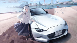 1girl absurdres amahari_koishi bird black_ribbon black_skirt blue_sky boots brick_floor brown_boots building car city cloud commentary commission convertible day eunos_roadster green_eyes highres hyogo_prefecture indie_virtual_youtuber knee_boots kobe license_plate long_hair long_skirt mazda mazda_mx-5 mazda_mx-5_nd motor_vehicle neck_ribbon outdoors plaid_clothes plaid_skirt png_pant_(bus) real_world_location revision ribbon river shadow shirt skeb_commission skirt sky skyscraper solo sports_car standing virtual_youtuber white_car white_hair white_shirt