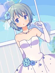 1girl :o absurdres balloon blue_eyes blue_flower blue_hair breasts dress dress_flower dutch_angle elbow_gloves finger_heart flower gloves hair_flower hair_ornament heart_balloon highres looking_at_viewer mahou_shoujo_madoka_magica medium_hair miki_sayaka ruru_(rurumagi) small_breasts solo strapless strapless_dress upper_body wedding_dress white_dress white_gloves
