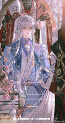 2boys absurdres architecture bishounen black_shawl black_shirt blue_coat blue_ribbon blue_shirt box branch chinese_clothes chinese_commentary closed_mouth coat commission curtained_hair east_asian_architecture flower frills fur-trimmed_coat fur_trim glint grey_eyes hair_between_eyes hair_ornament hair_ribbon hanfu head_out_of_frame highres holding holding_hair_ornament indoors lapels light_smile lips long_hair long_sleeves looking_at_mirror male_focus mandarin_collar mirror multiple_boys neck_tassel notched_lapels original peach_blossom pink_flower putting_on_headwear qing_ri_huanghun red_coat reflection reflection_focus ribbon robe seashell shawl shawl_lapels shell shell_hair_ornament shirt sidelocks solo_focus standing table tress_ribbon unworn_hair_ornament vanity_table vase very_long_hair watermark weibo_watermark white_hair white_hanfu white_robe