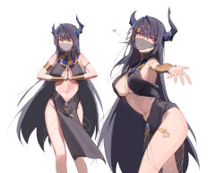 1girl absurdres alternate_costume ancient_egyptian_clothes armlet asymmetrical_horns black_hair black_horns breasts gold_tattoo heart highres hololive hololive_english horns jewelry large_breasts leg_tattoo long_hair multiple_views nerissa_ravencroft newbie_(newbie_132) one_eye_closed own_hands_together pelvic_curtain red_eyes simple_background tattoo very_long_hair virtual_youtuber white_background